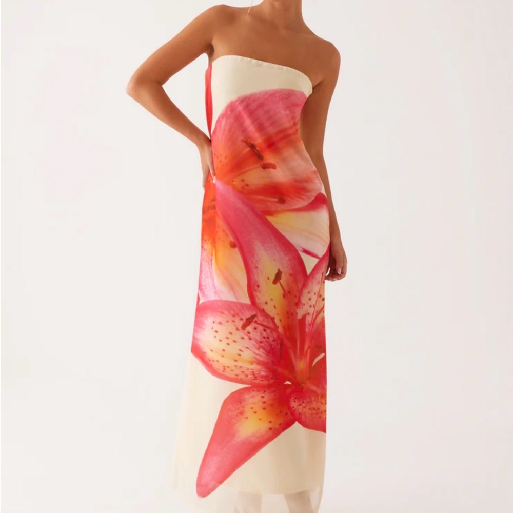 Peppermayo Cream Strapless Maxi Dress with Pink & Orange Floral Print